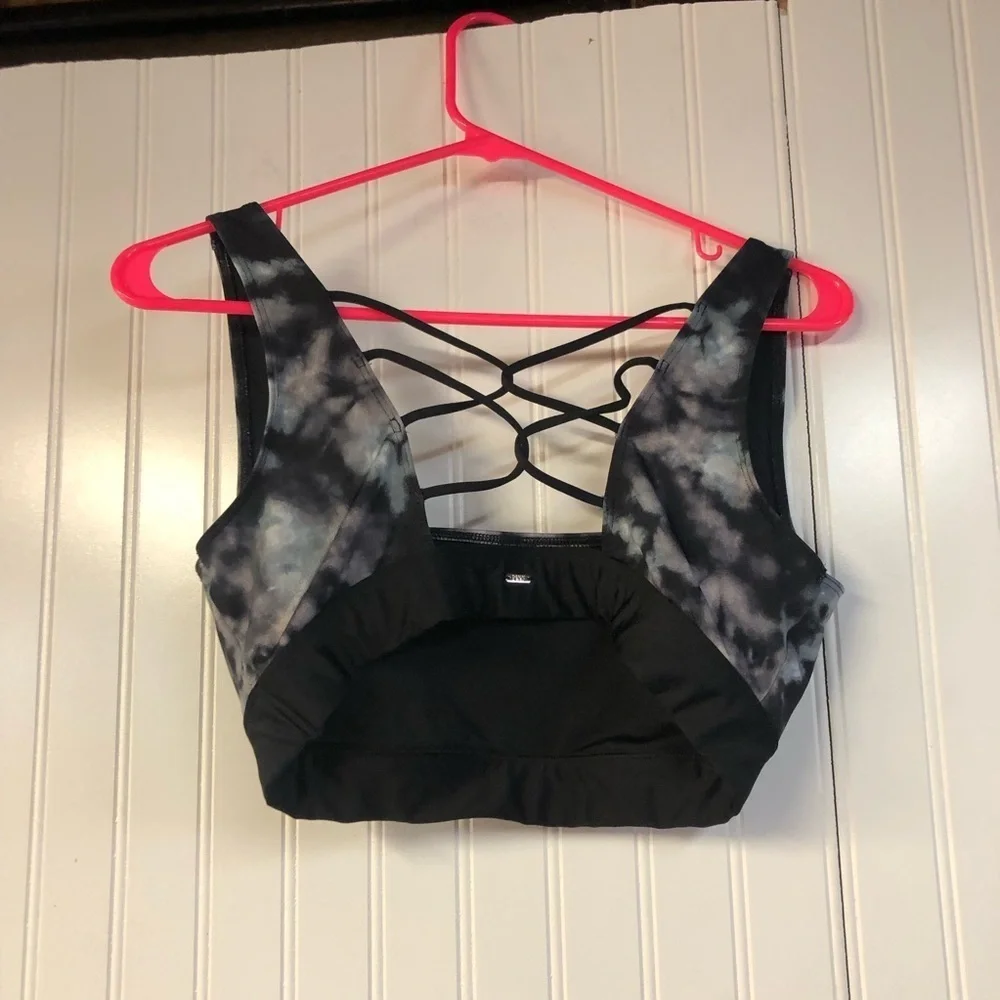 Victoria Secret Womens Sports Bra Large Black Gray Tie Dye Crisscross Back